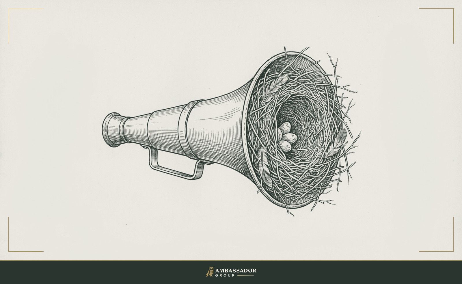 Antique engraving illustration. A bird's nest built inside the bell of a megaphone lying on its side, the tool's mouth blocked by what was never meant to live there.
