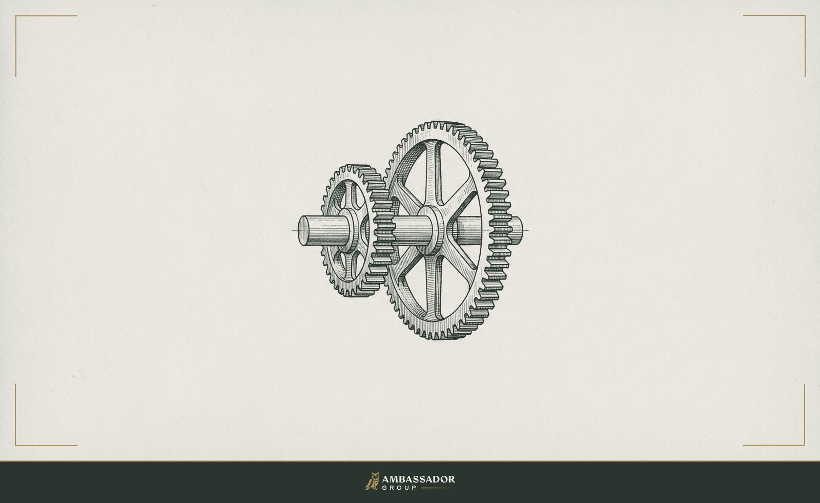 Antique engraving illustration. Two interlocking gears of unequal size turning together on a single shaft, the smaller driving the larger, their teeth meshed clean along the contact line.