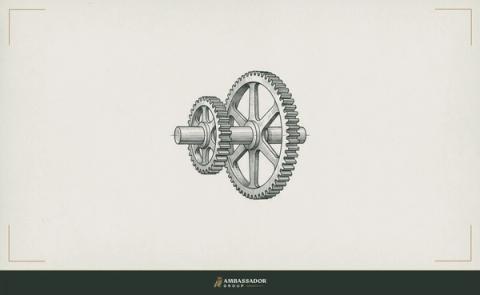 Antique engraving illustration. Two interlocking gears of unequal size turning together on a single shaft, the smaller driving the larger, their teeth meshed clean along the contact line.
