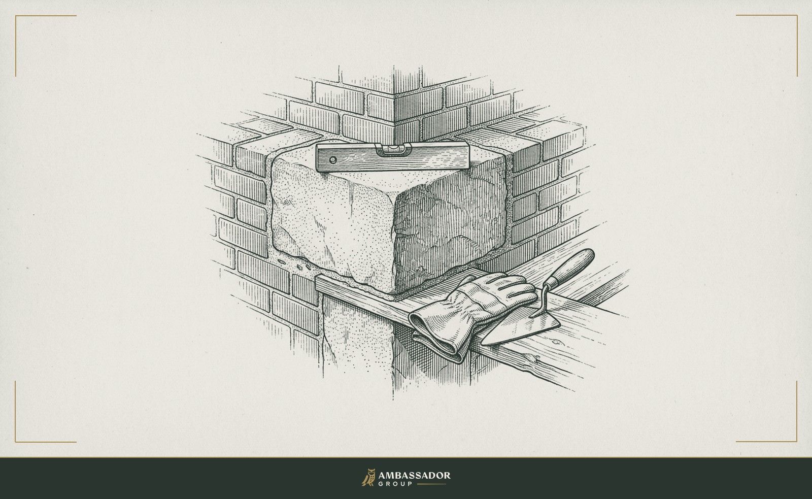 Antique engraving illustration. A cornerstone block mortared in place, a level resting on its upper face, a worker's glove folded over the trowel nearby.
