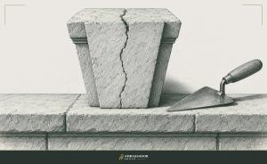 Antique engraving illustration. A keystone carved with a crack running through its center, resting on a foundation ledge with a mason's trowel laid beside it.