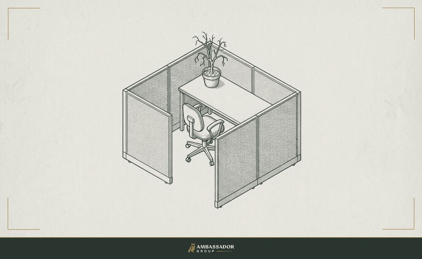 Antique engraving illustration. An empty office cubicle with low partition walls, a vacant swivel chair, and a dead potted plant on a bare desk.
