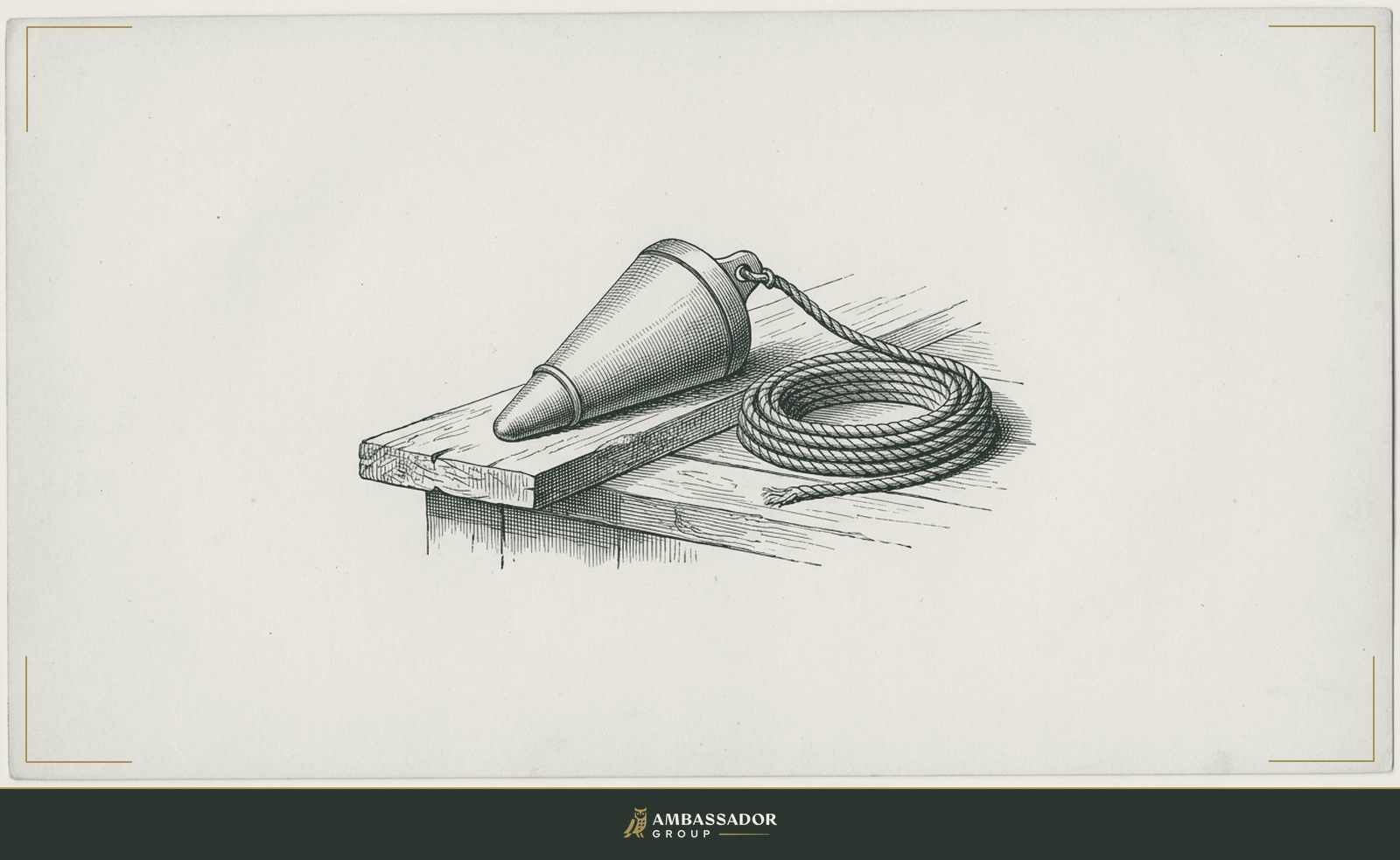 Antique engraving illustration. A ship's sounding lead with its coiled line resting on a dock plank.