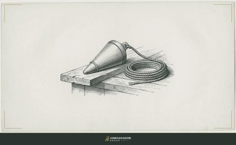 Antique engraving illustration. A ship's sounding lead with its coiled line resting on a dock plank.