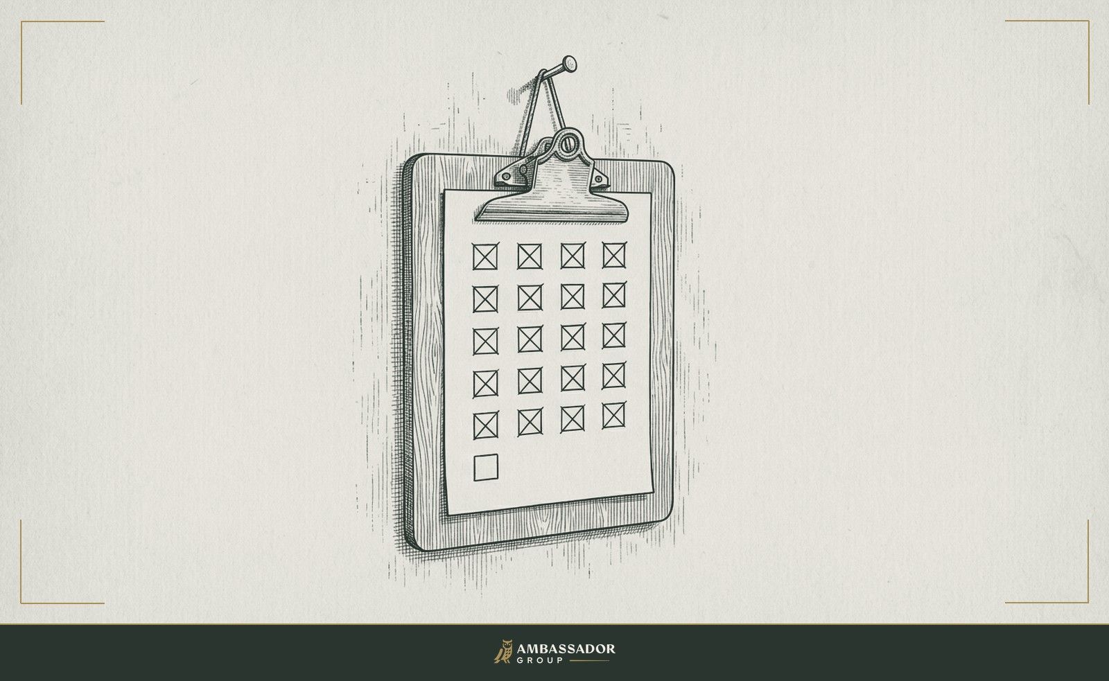 Antique engraving illustration. A clipboard hanging on a nail, its checklist fully ticked except the final box, which remains blank.