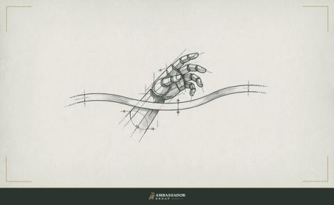 Antique engraving illustration. A hand extended across a finish line just as the tape is about to break, the ribbon still taut, the moment before acceptance rendered as suspension rather than arrival.
