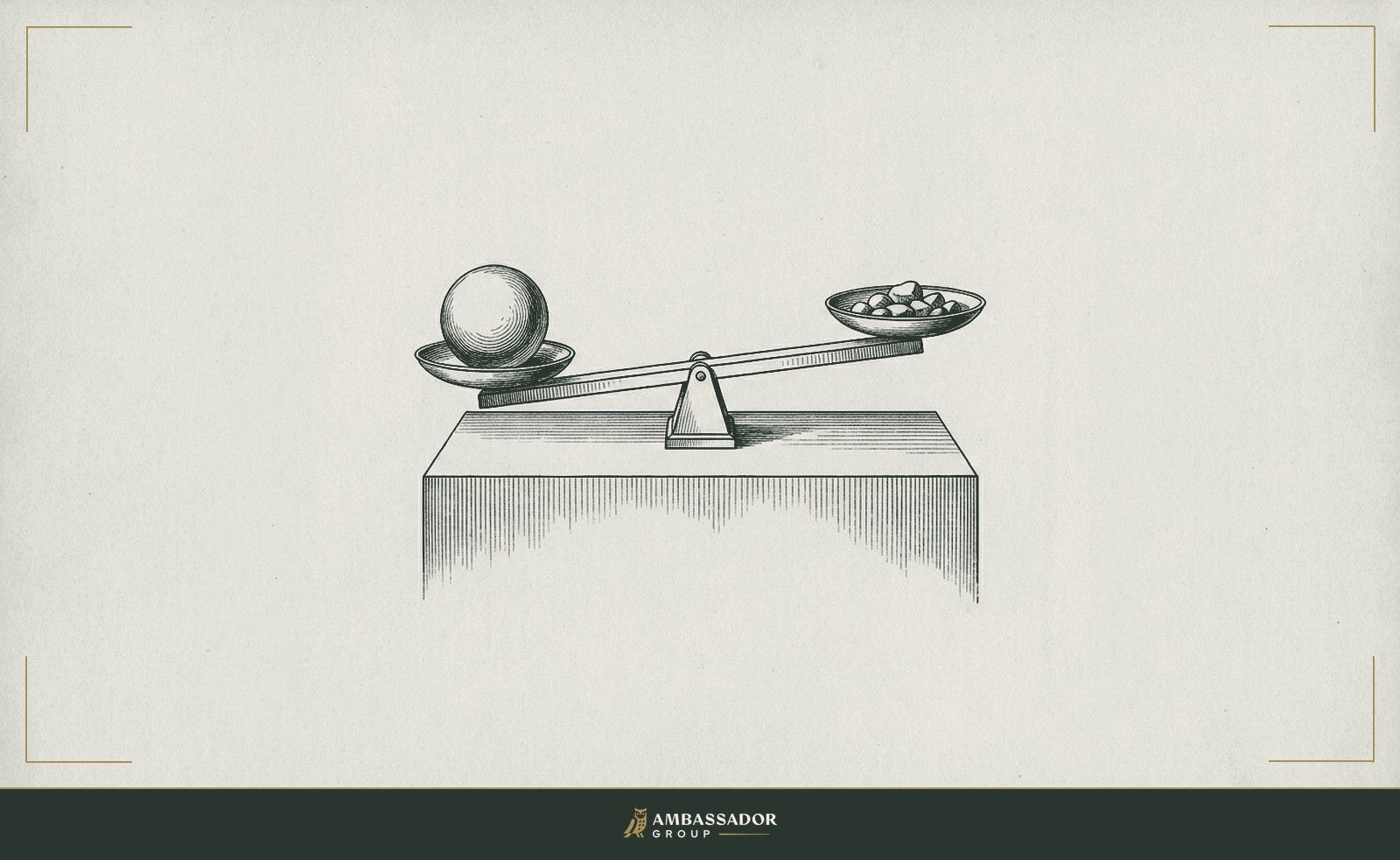 Antique engraving illustration. A balance scale with a single polished sphere on one pan and a scattering of smaller stones on the other, the beam tilted but not broken, resting on a solid plinth.