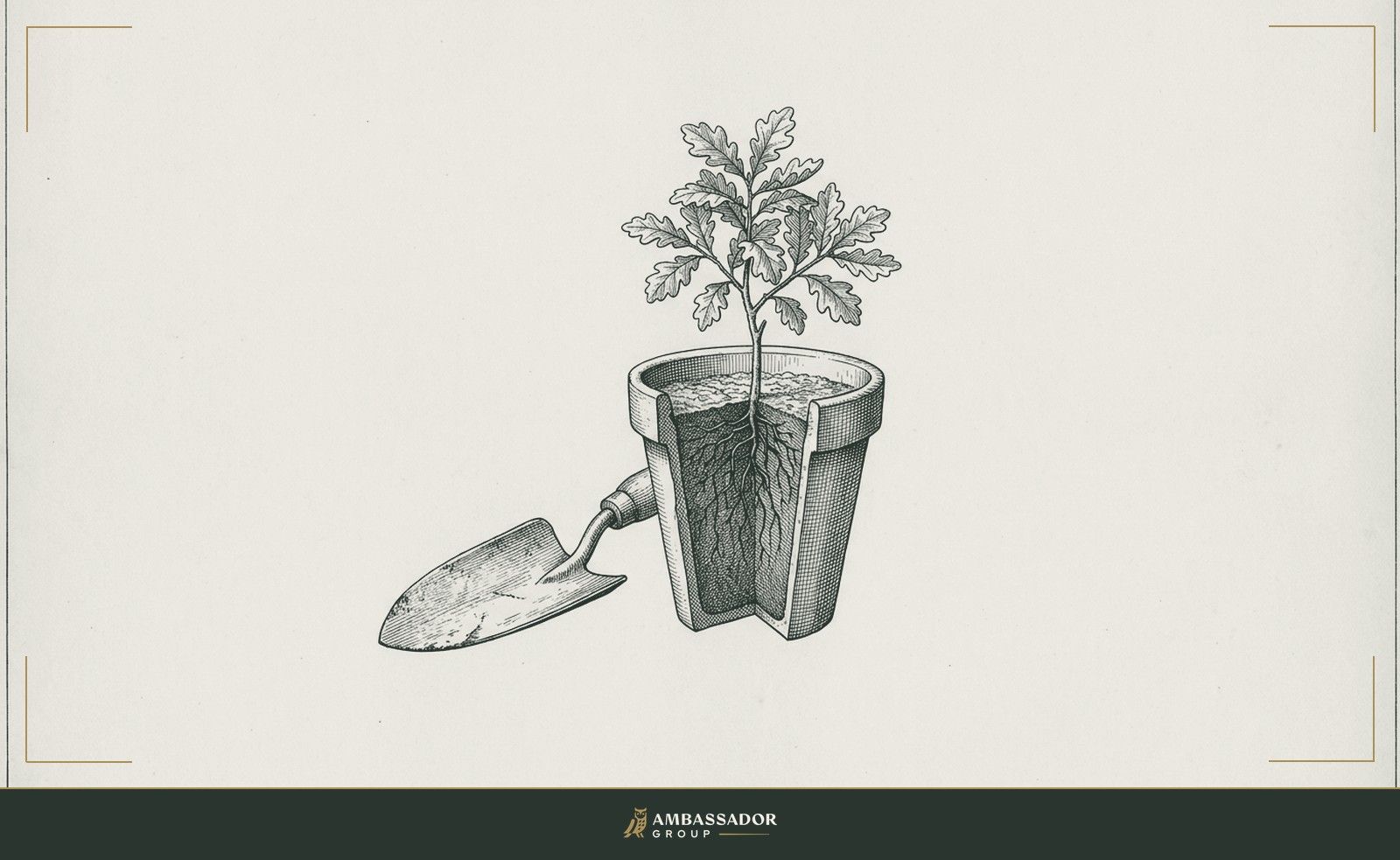 Antique engraving illustration. A gardener's trowel resting beside a well-tended potted oak sapling, its roots visible through the terra-cotta wall of a sectioned planter.