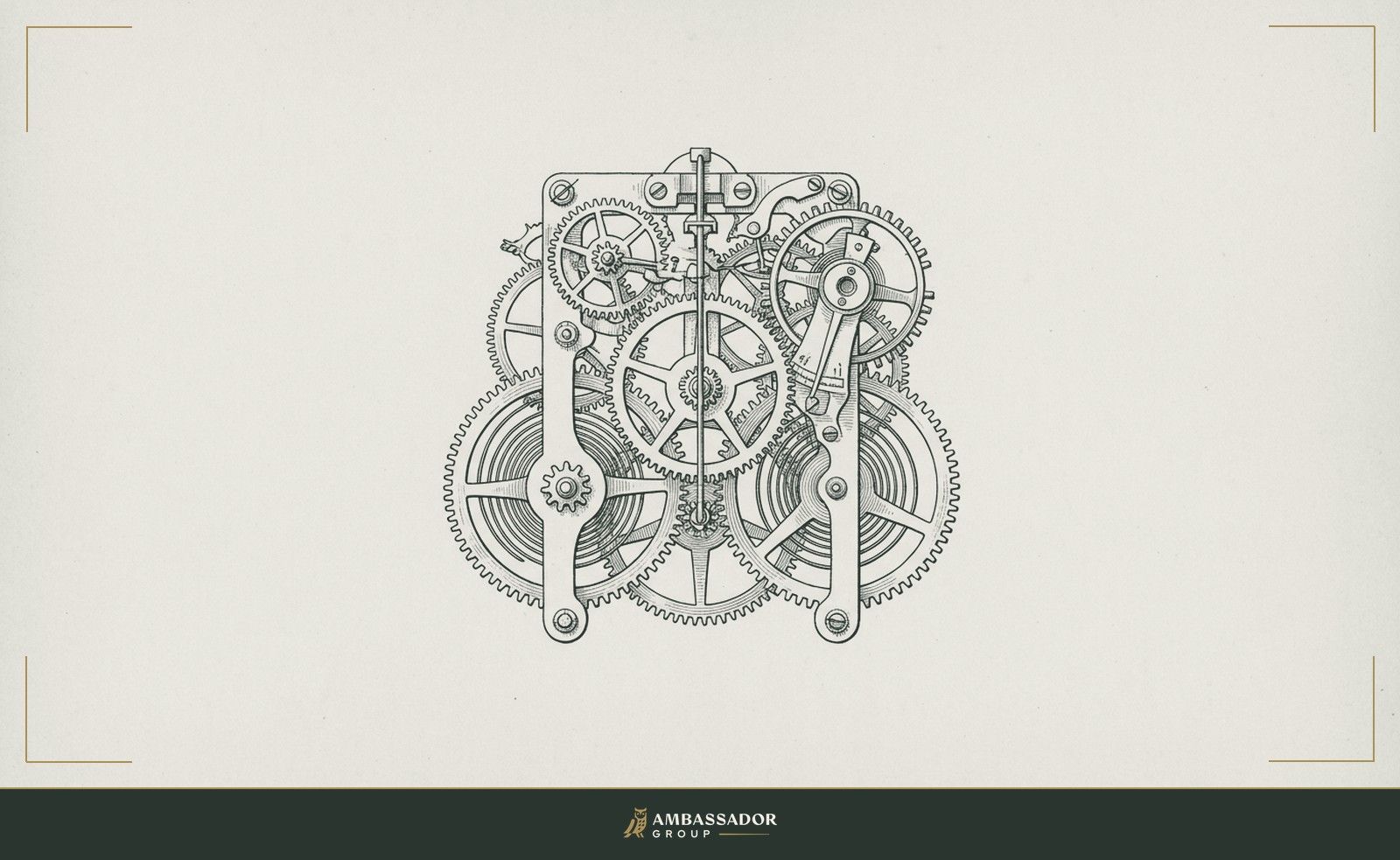 Antique engraving illustration. An intricate brass gear train meshes inside the open movement of a mechanical clock.