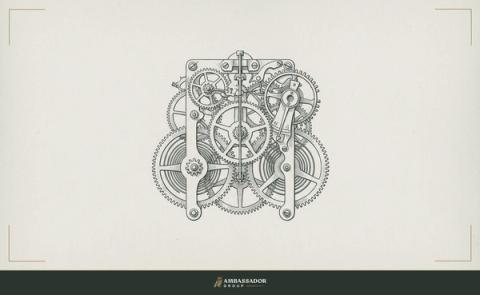 Antique engraving illustration. An intricate brass gear train meshes inside the open movement of a mechanical clock.