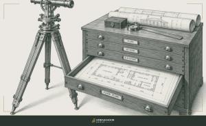 Antique engraving illustration. A brass surveyor's theodolite stands on a wooden tripod beside a plan chest, its open drawer revealing a floor plan sheet ruled with dimensioned drafting lines.