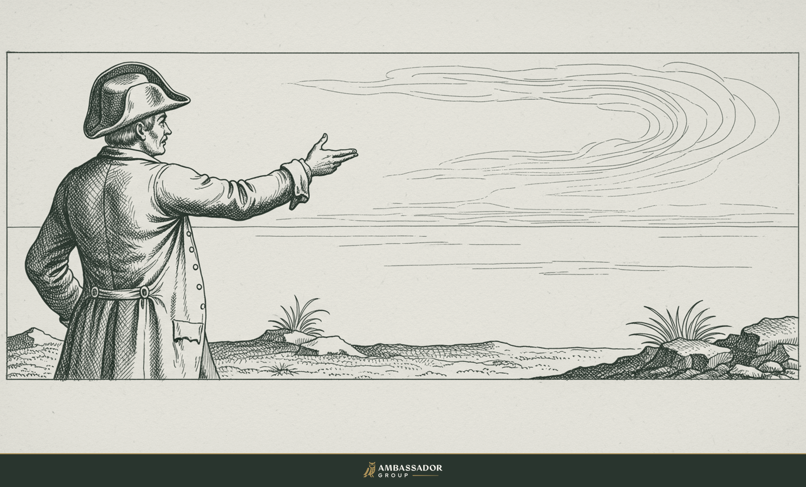 Antique engraving illustration. A frustrated foreman in work clothes gesturing impatiently at an empty flat horizon, expecting better workers to simply appear.