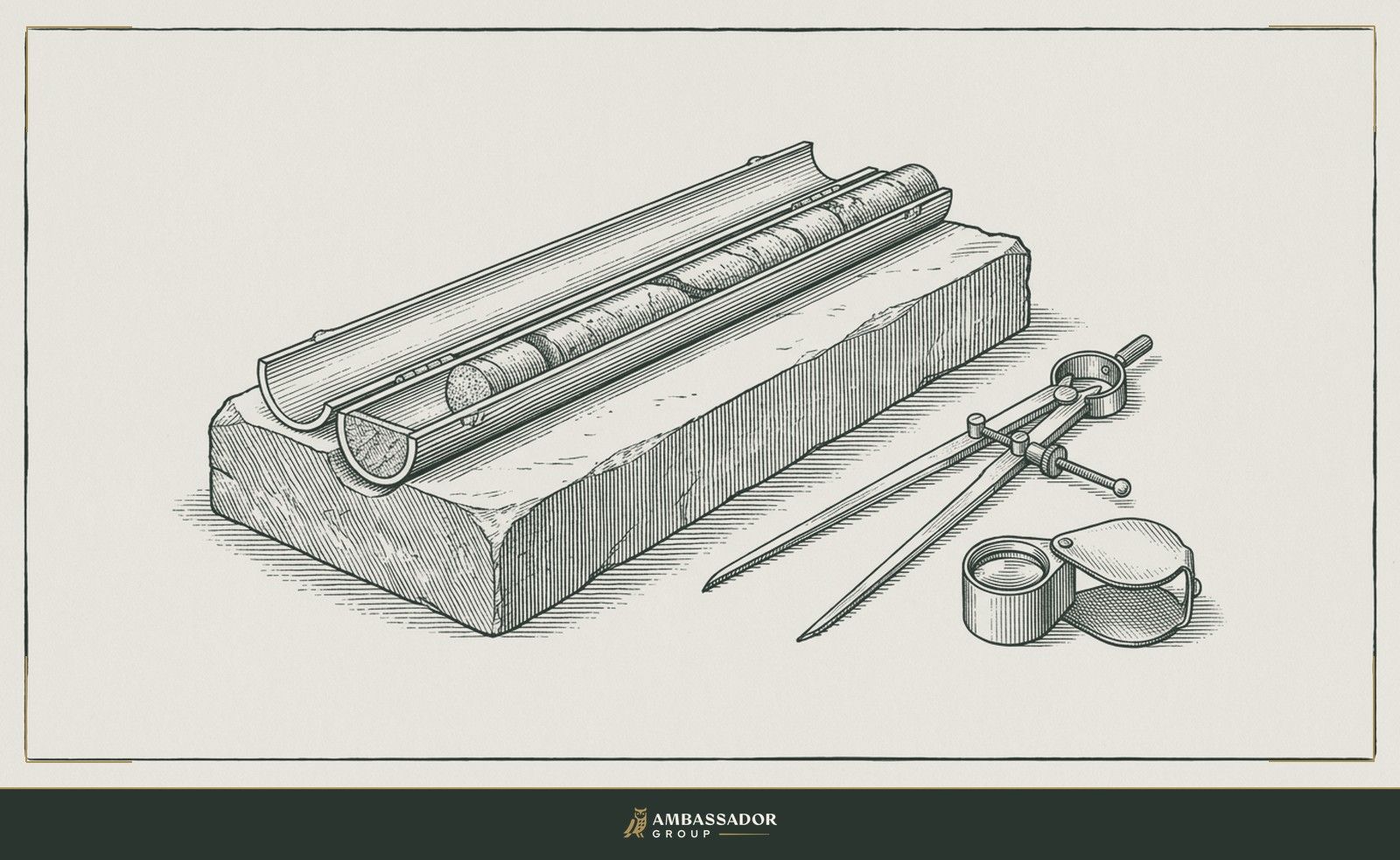 Antique engraving illustration. A geologist's core sample split open on a stone bench next to dividers and a hand lens.