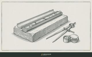 Antique engraving illustration. A geologist's core sample split open on a stone bench next to dividers and a hand lens.