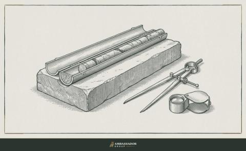 Antique engraving illustration. A geologist's core sample split open on a stone bench next to dividers and a hand lens.