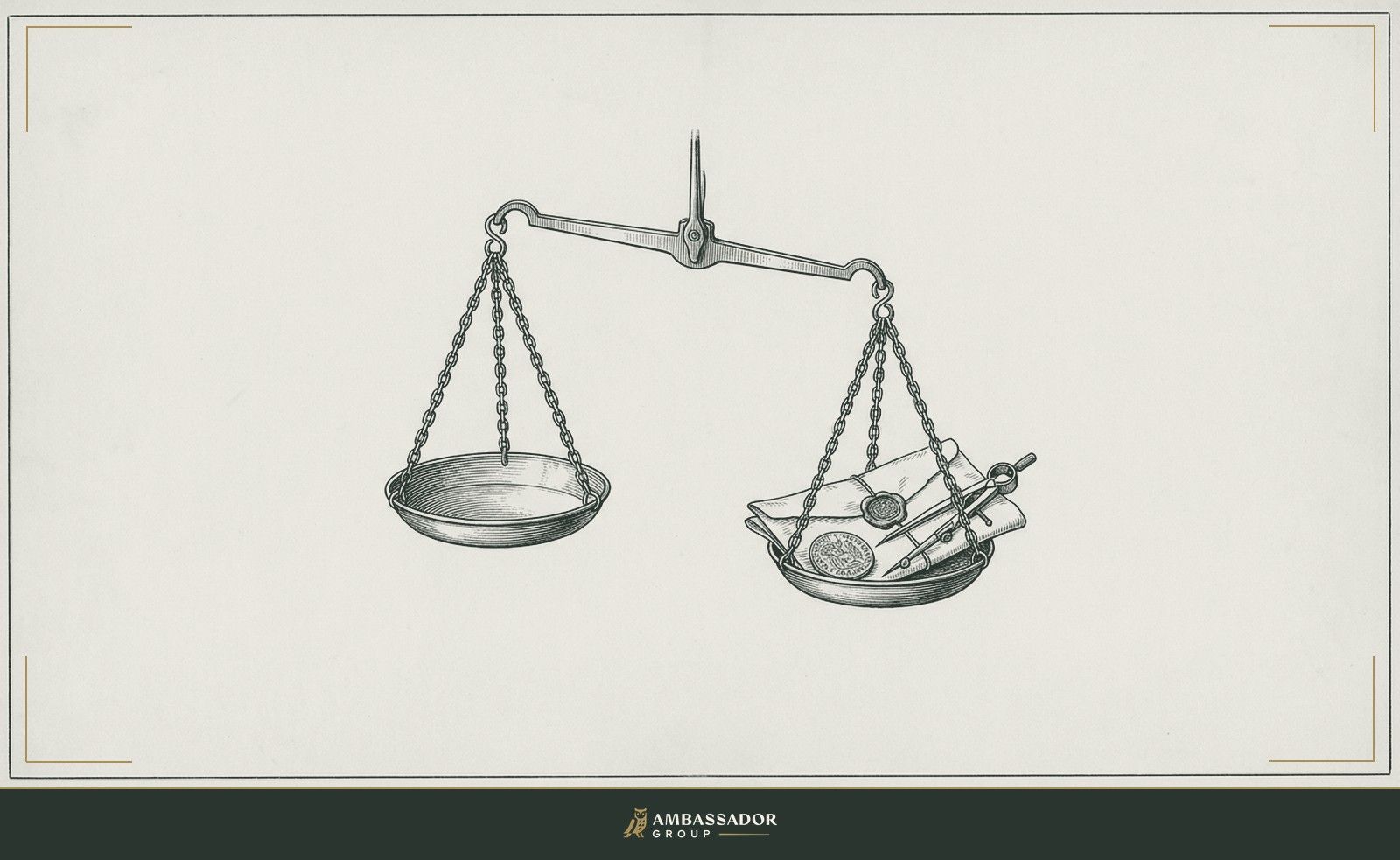 Antique engraving illustration. A balance scale with one empty pan and the other holding a folded document, a coin, and a drafting compass arranged in a still life.