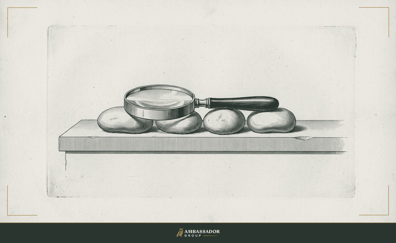 Antique engraving illustration. A magnifying glass laid across four smooth river stones arranged in a row on a flat ledge.