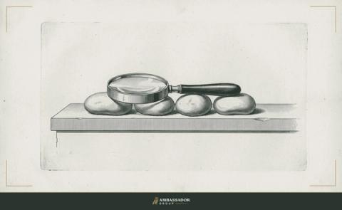 Antique engraving illustration. A magnifying glass laid across four smooth river stones arranged in a row on a flat ledge.