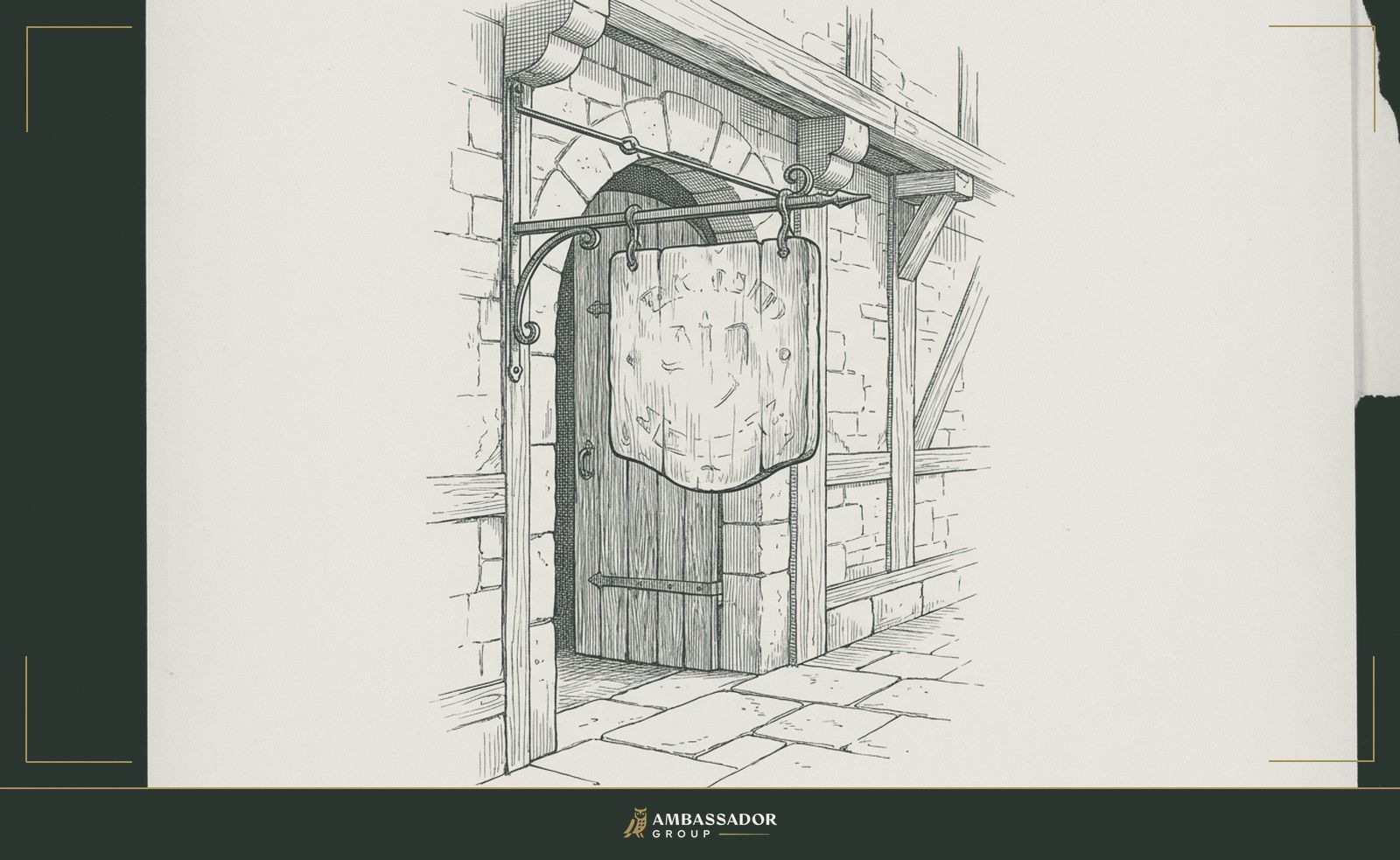 Antique engraving illustration. A craftsman's guild sign hanging above a workshop entrance, its carved lettering worn smooth from years of daily passage beneath it.
