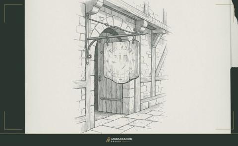 Antique engraving illustration. A craftsman's guild sign hanging above a workshop entrance, its carved lettering worn smooth from years of daily passage beneath it.