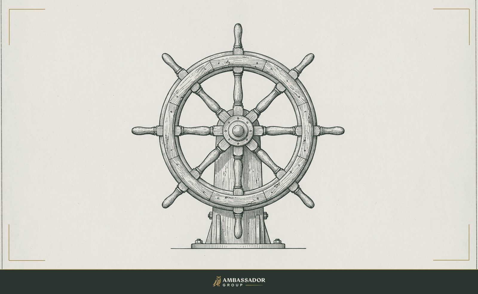 Antique engraving illustration. A wooden ship's wheel mounted on a deck stand, its spokes worn smooth.