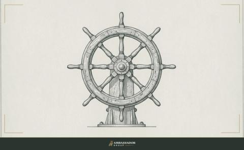 Antique engraving illustration. A wooden ship's wheel mounted on a deck stand, its spokes worn smooth.
