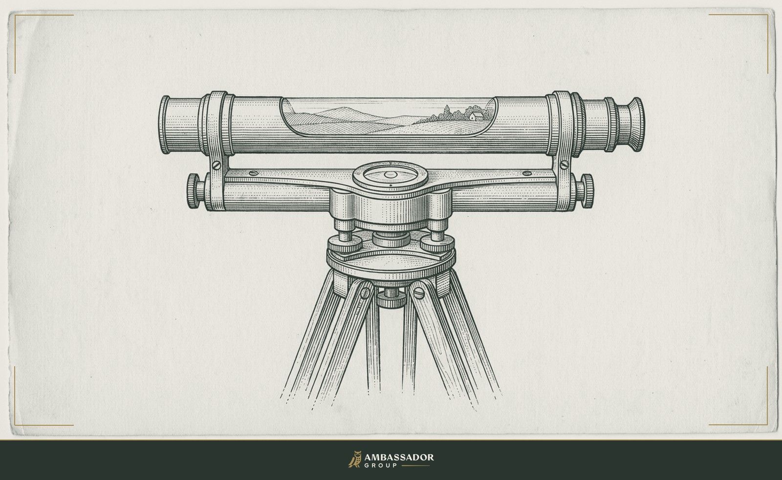 Antique engraving illustration. A surveyors hand level resting on a tripod with its bubble vial centered, a faint distant landscape horizon reflected in the glass tube, no person and no face shown.