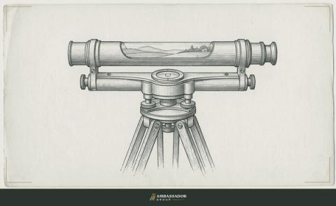 Antique engraving illustration. A surveyors hand level resting on a tripod with its bubble vial centered, a faint distant landscape horizon reflected in the glass tube, no person and no face shown.