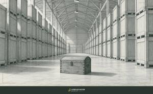 Antique engraving illustration. A vast warehouse of identical crates, with a single hand-joined wooden chest standing apart in the center aisle.