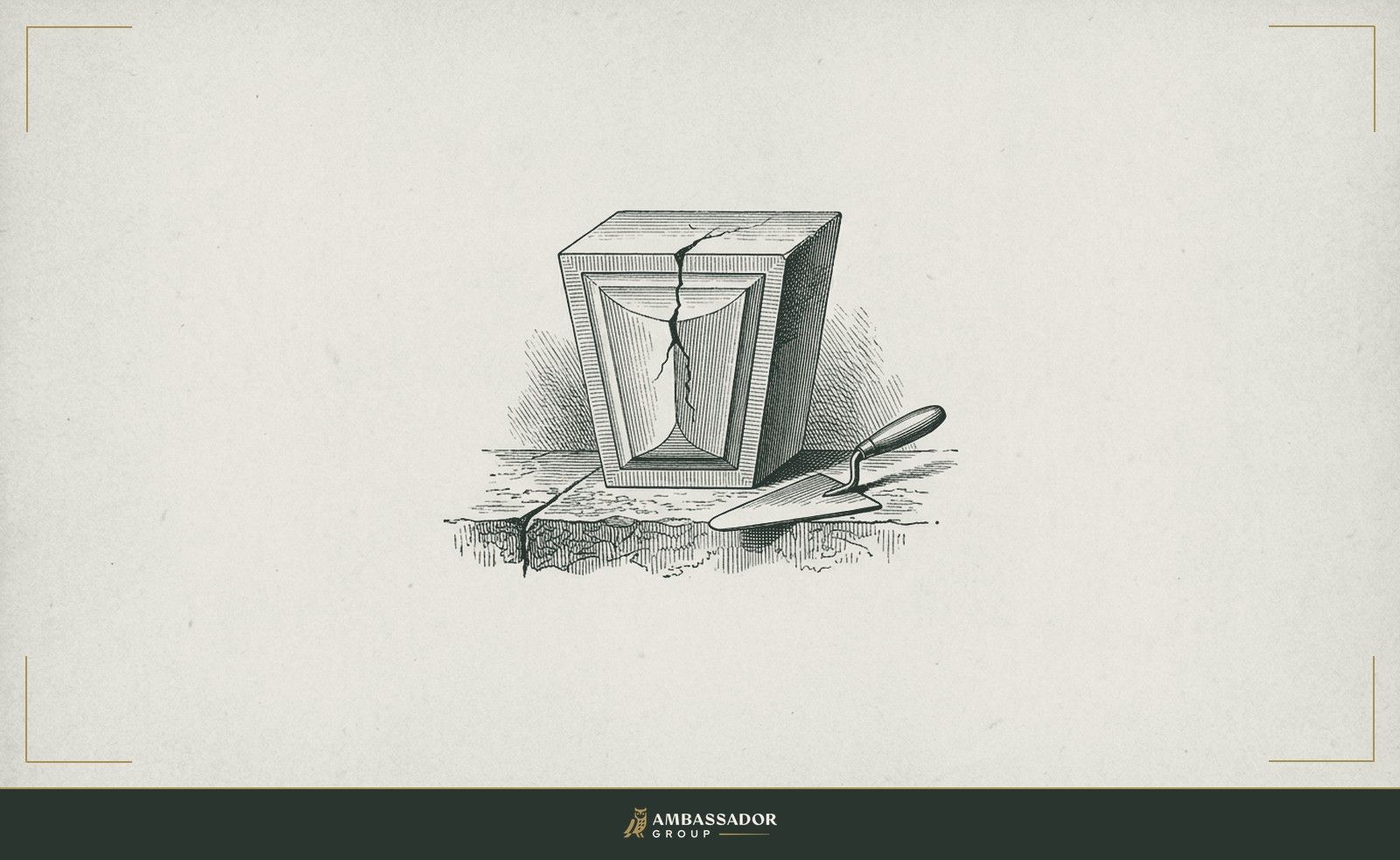 Antique engraving illustration. A keystone carved with a crack running through its center, resting on a foundation ledge with a mason's trowel laid beside it.