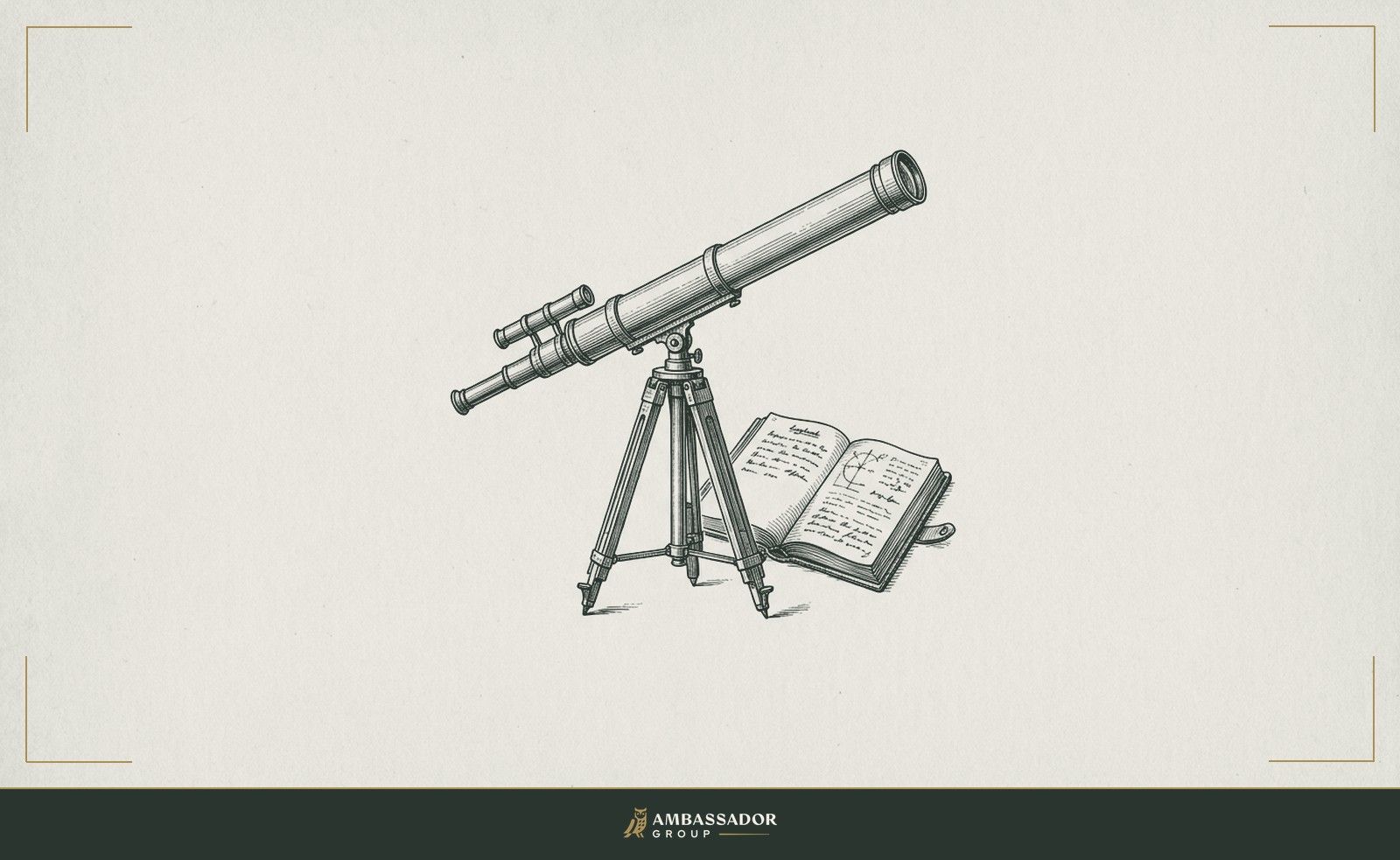 Antique engraving illustration. A telescope extended on a tripod, aimed at an angle beyond the frame, a logbook open beside it with fresh notations on the visible page.