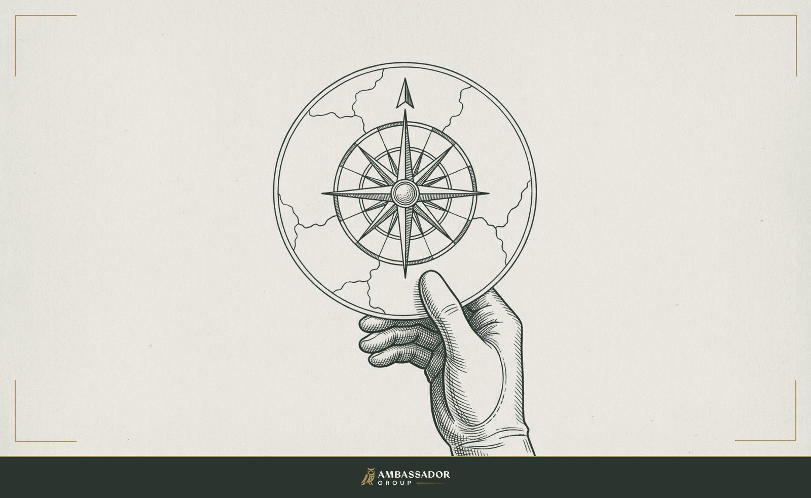 Antique engraving illustration. A compass rose at the center of a clear map, oriented north, held by a steady hand from a position of stillness rather than urgent motion.