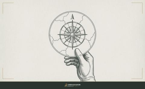 Antique engraving illustration. A compass rose at the center of a clear map, oriented north, held by a steady hand from a position of stillness rather than urgent motion.