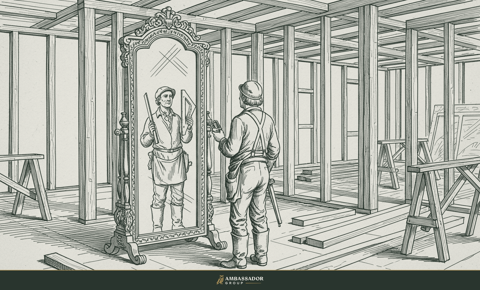 Engraving of a construction foreman facing a tall mirror in a half-framed room; the reflection holds the framing square and plumb line.