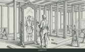 Engraving of a construction foreman facing a tall mirror in a half-framed room; the reflection holds the framing square and plumb line.