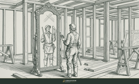 Engraving of a construction foreman facing a tall mirror in a half-framed room; the reflection holds the framing square and plumb line.