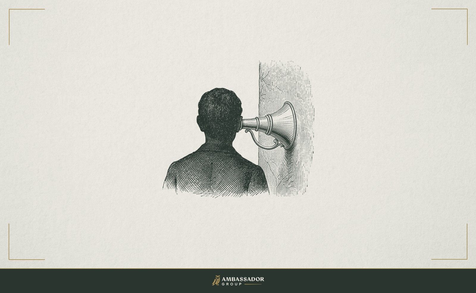 Antique engraving illustration. An ear trumpet pressed to a wall, the user's form only a silhouette from behind, the instrument's bell cupped against plaster not meant to carry sound.