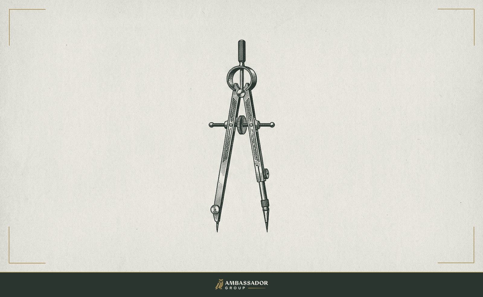 Antique engraving illustration. A draftsman's compass standing upright, its needle point set to a blank field of paper, no line yet drawn.