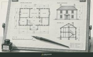 Antique engraving illustration. A sheet of drafting vellum clamped to a board, covered in dimensioned floor plan lines and elevation marks, with a drafting pen resting across it.