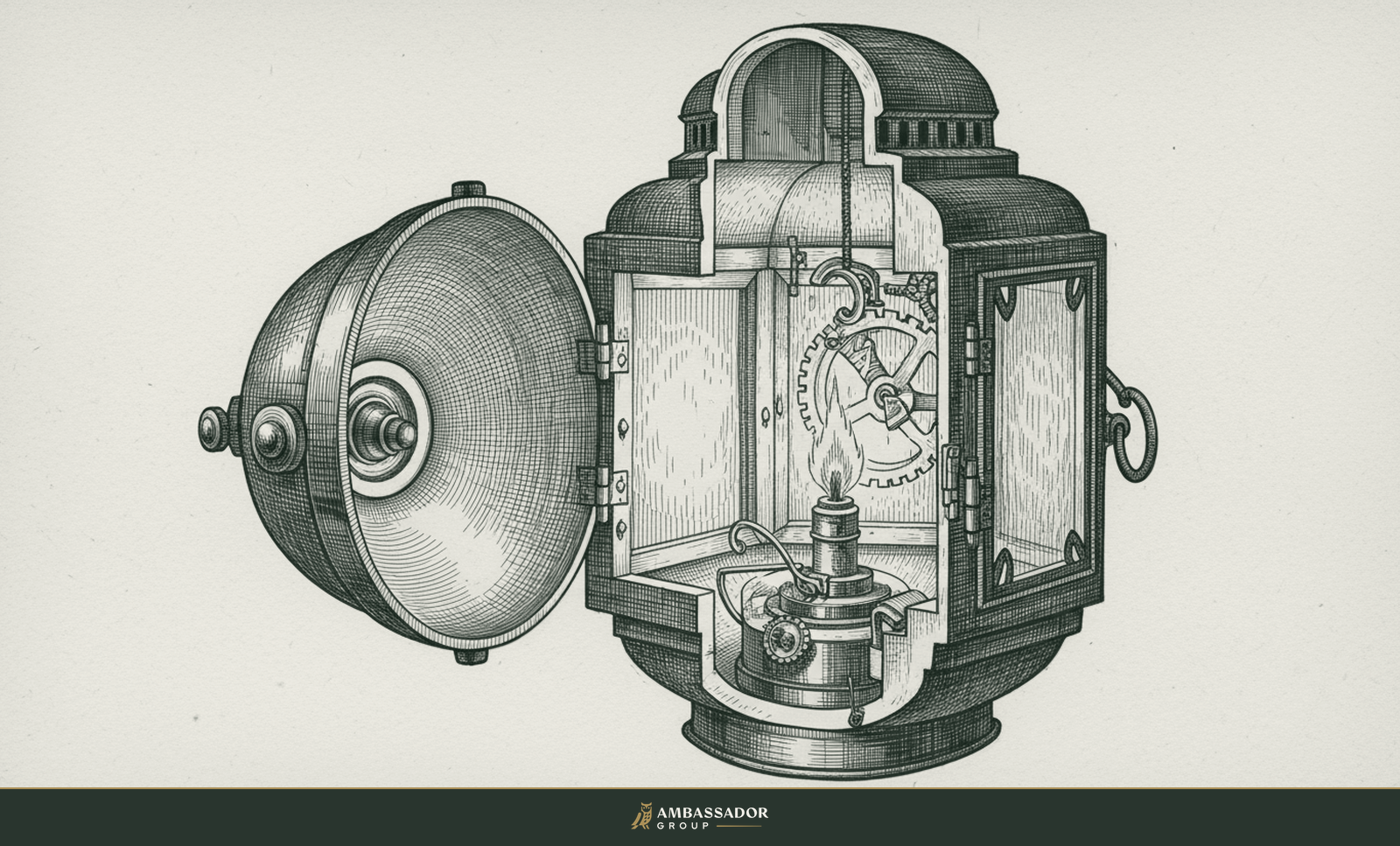 Antique engraving illustration. An antique lantern cut away to reveal the inner flame that is its true purpose, the small fire within the metal shell.