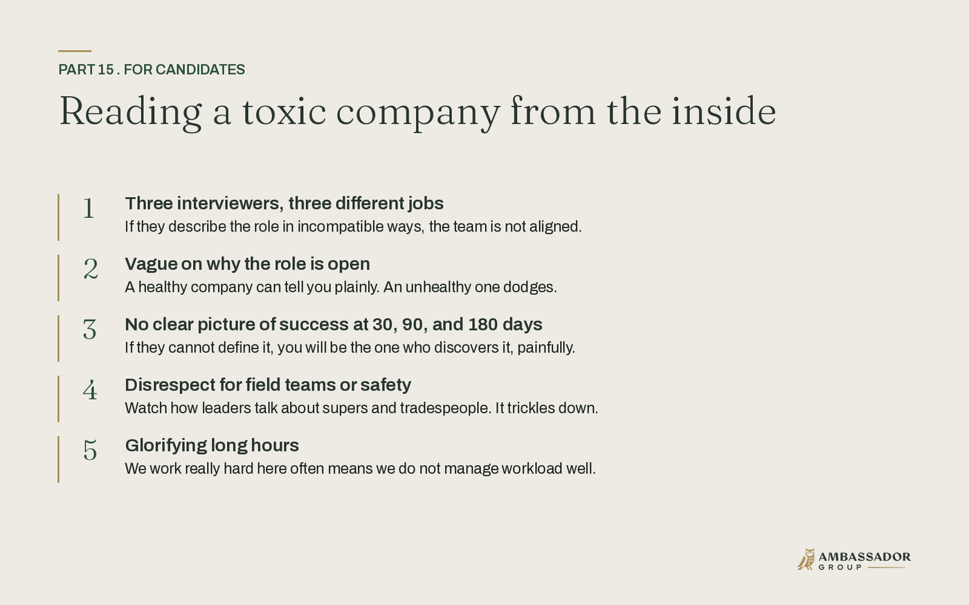 Five red flags a candidate can read during interviews: inconsistent messaging, vagueness on why the role is open, no clear picture of success, disrespect for field teams or safety, and glorifying long hours.