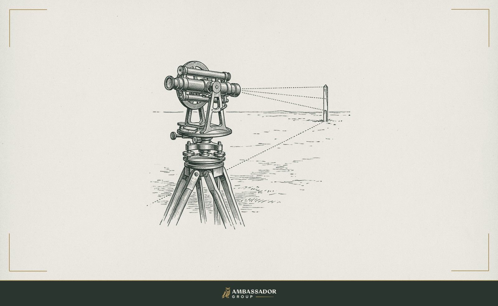 An antique engraving of a surveyor's theodolite on a tripod, sighting a distant marking stake across open ground.