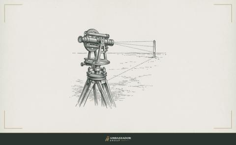 An antique engraving of a surveyor's theodolite on a tripod, sighting a distant marking stake across open ground.