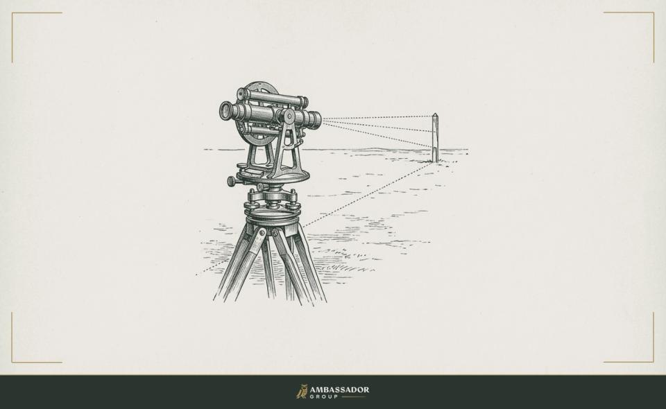 An antique engraving of a surveyor's theodolite on a tripod, sighting a distant marking stake across open ground.