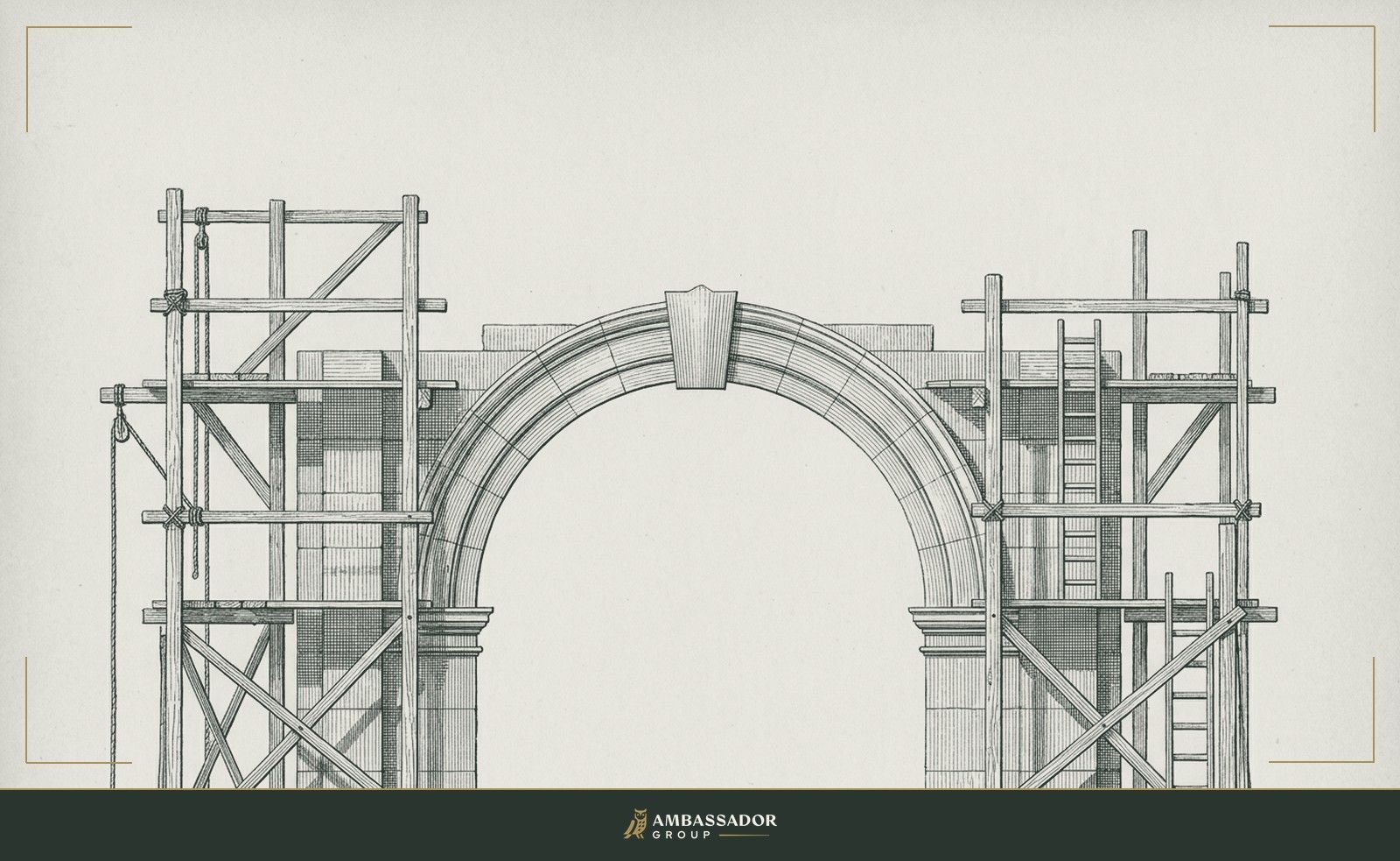 Antique engraving illustration. A stone arch with its keystone seated and mortared, the scaffolding that held the form still standing alongside it, ready to be struck now that the arch holds.