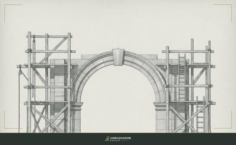 Antique engraving illustration. A stone arch with its keystone seated and mortared, the scaffolding that held the form still standing alongside it, ready to be struck now that the arch holds.