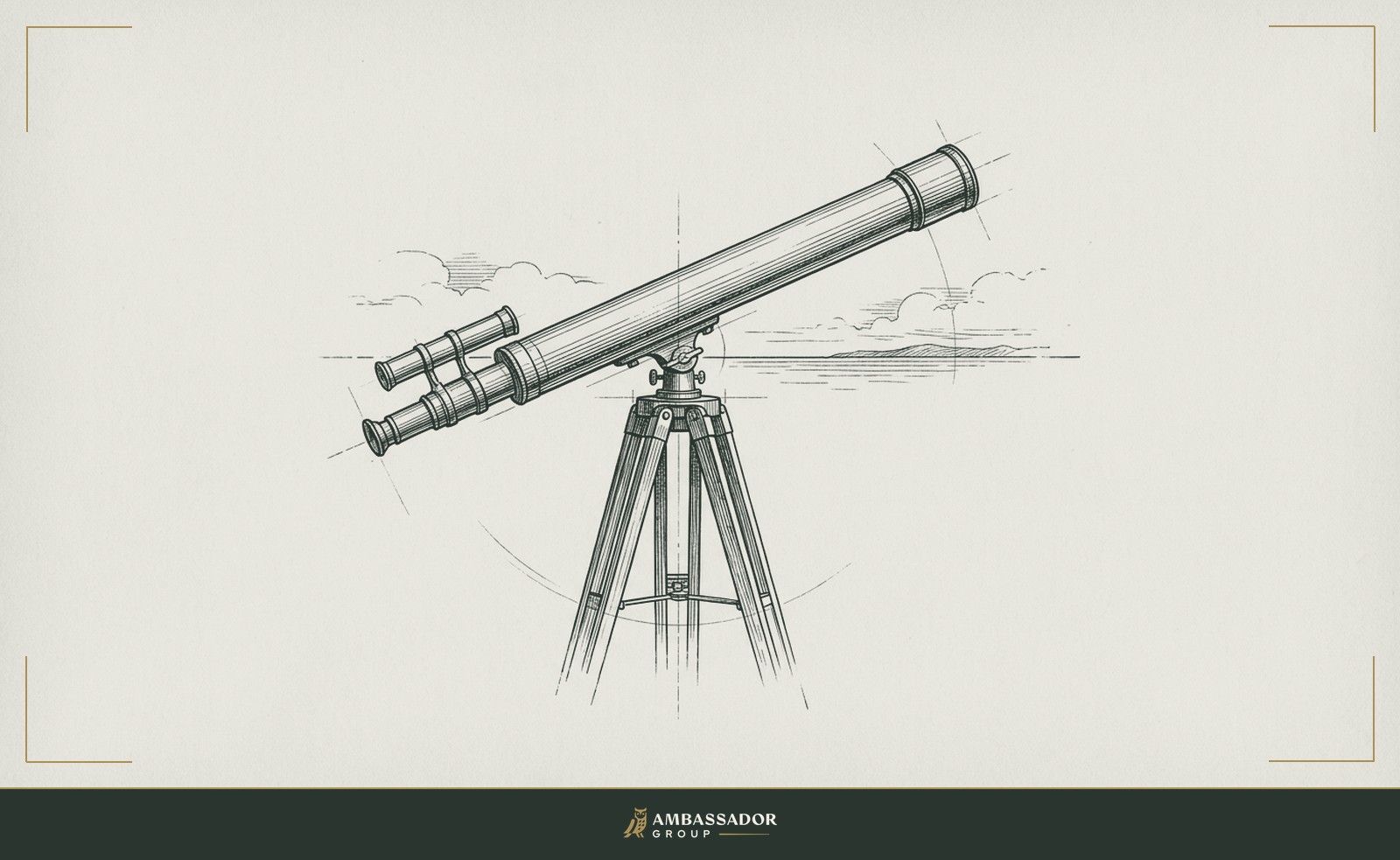 Antique engraving illustration. A brass telescope on a wooden tripod pointed at the horizon.