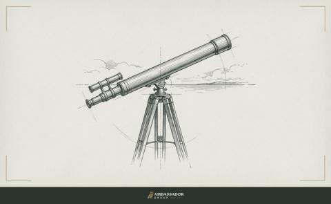Antique engraving illustration. A brass telescope on a wooden tripod pointed at the horizon.