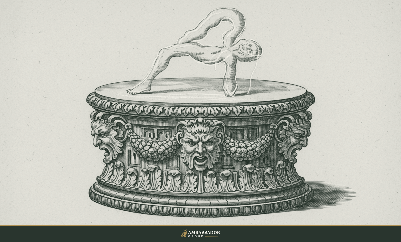 Antique engraving illustration. An empty ornate marble pedestal with a faint chalk outline of an impossible flawless figure that never existed.