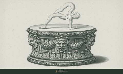 Antique engraving illustration. An empty ornate marble pedestal with a faint chalk outline of an impossible flawless figure that never existed.